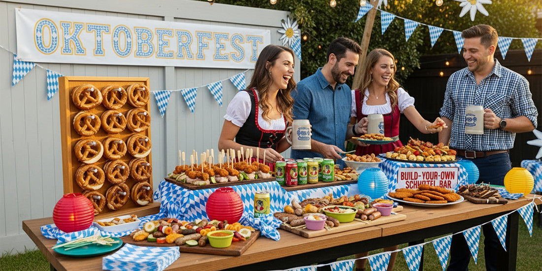 Friends in Oktoberfest outfits enjoying a backyard party with pretzels, beer, and festive Bavarian decorations