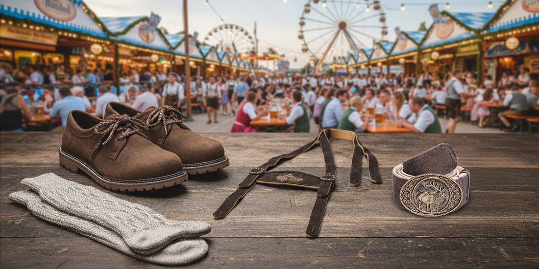 Traditional lederhosen accessories including brown leather shoes, suspenders, belt, and socks at Oktoberfest festival
