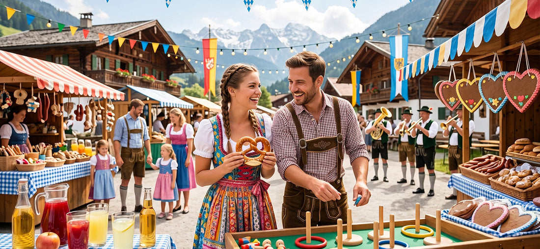 Couple enjoying Alpine Village Oktoberfest with pretzels, Bavarian food, and mountain scenery.