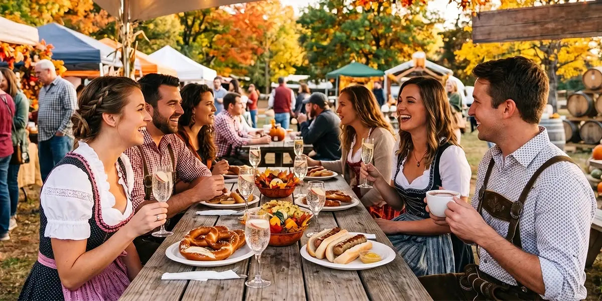 Visitors celebrating Arkansas Oktoberfest with traditional dirndls, lederhosen, Bavarian food, and festive outdoor dining.