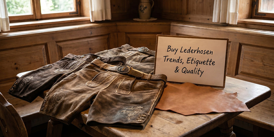 Three pairs of lederhosen are displayed on a wooden table beside a sign reading, "Buy Lederhosen Trends, Etiquette & Quality."