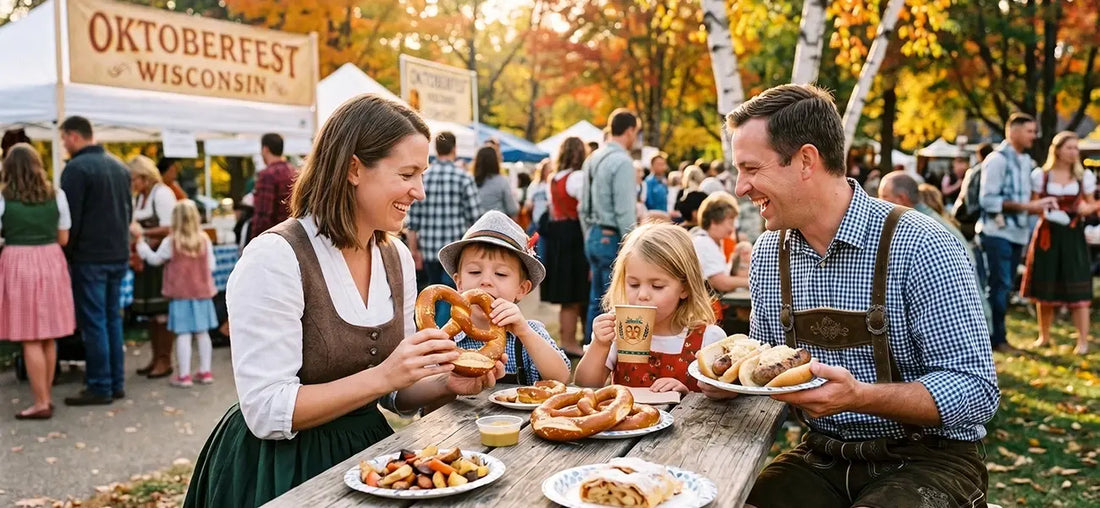 Parents and children enjoy pretzels and traditional festival dishes beneath autumn trees at Celebration of Oktoberfest in Wisconsin.