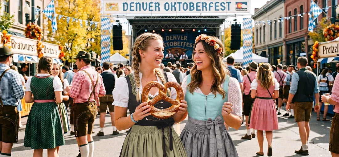 Denver Oktoberfest in Colorado featuring traditional Bavarian outfits, giant pretzels, live music, and festive downtown crowds.