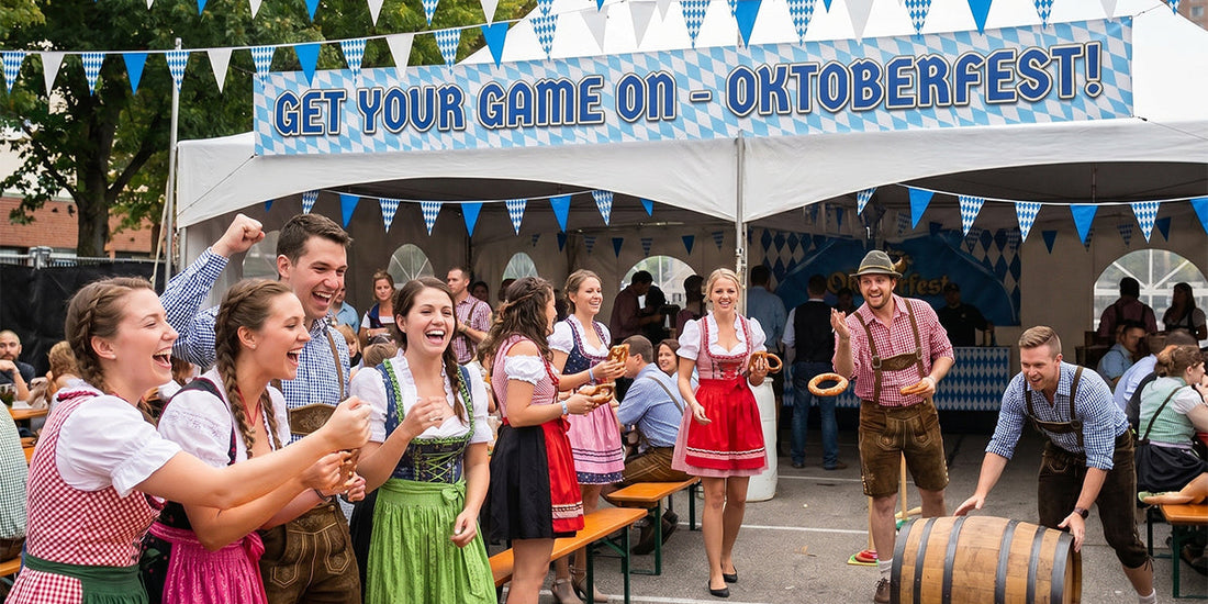 Oktoberfest games party with people wearing traditional dirndl and lederhosen, playing ring toss and celebrating under a Bavarian festival tent banner