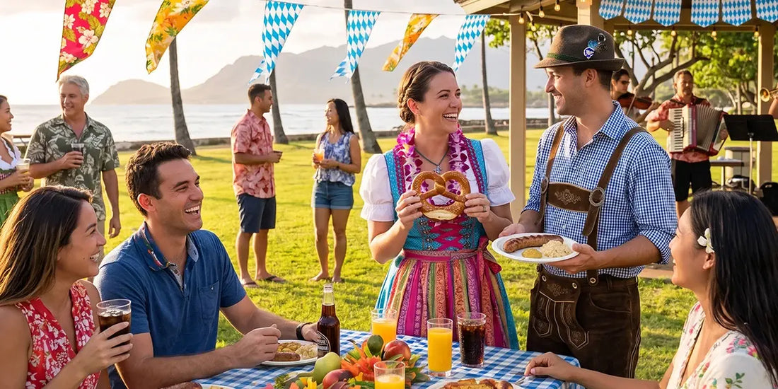 People celebrating Hawaii Oktoberfest with traditional dirndls, lederhosen, Bavarian food, live music, and oceanfront scenery.
