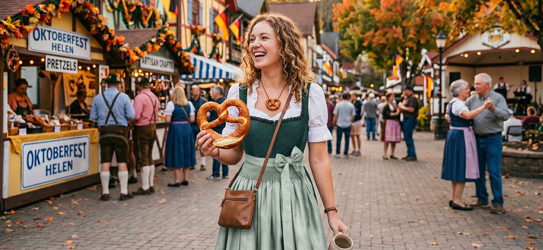 Woman enjoying Helen, GA Oktoberfest in dirndl dress with pretzel at Bavarian festival.