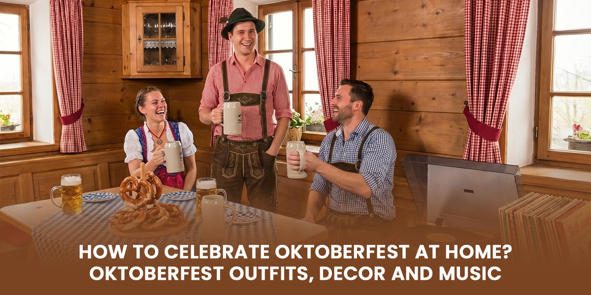 Friends in traditional lederhosen and dirndl celebrating Oktoberfest at home with beer, pretzels, and Bavarian decor