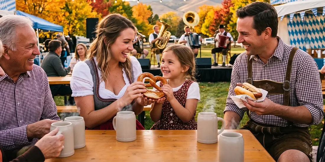 Families celebrating Idaho Oktoberfest with traditional dirndls, lederhosen, Bavarian food, live music, and festive activities.