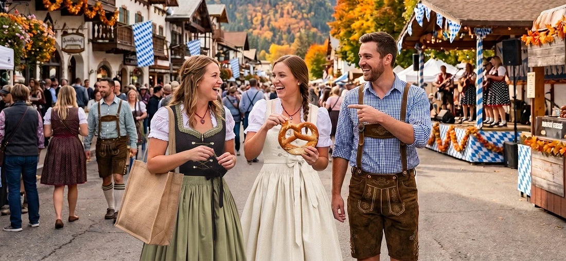 Crowds celebrating Leavenworth Oktoberfest in Washington with traditional German clothing, festive streets, and Bavarian music.
