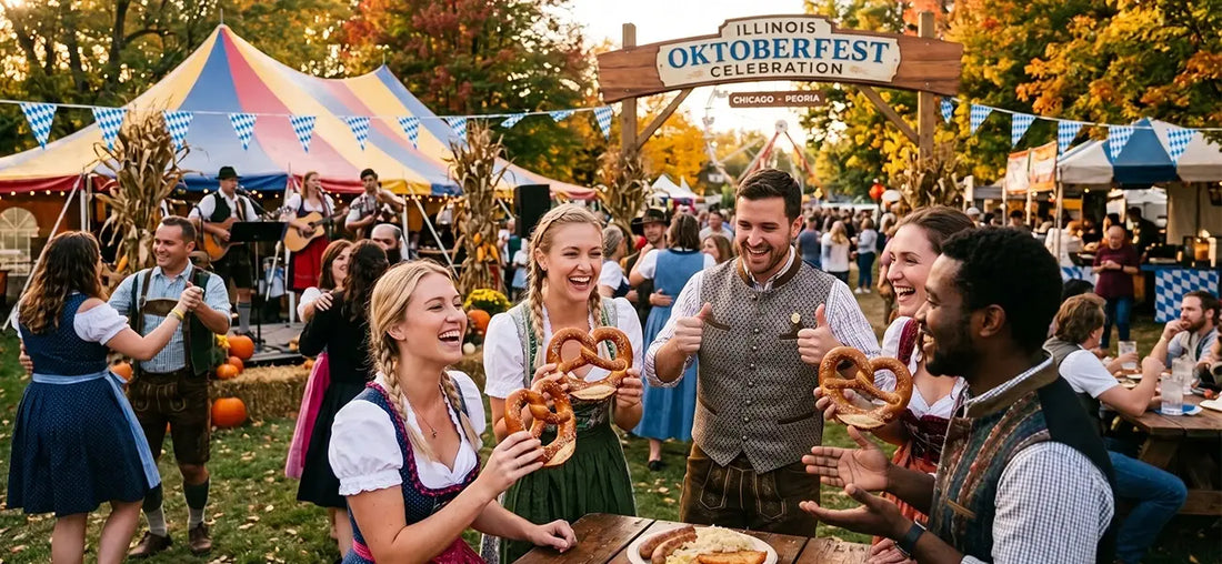 Friends celebrating Oktoberfest in Illinois wearing traditional dirndl and lederhosen, enjoying Bavarian pretzels, live music, and festive German entertainment.