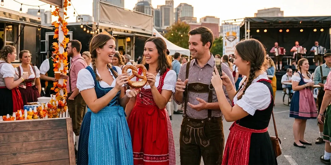 Visitors enjoying Nashville, Tennessee Oktoberfest in traditional Bavarian outfits with pretzels, live music, and festival entertainment.