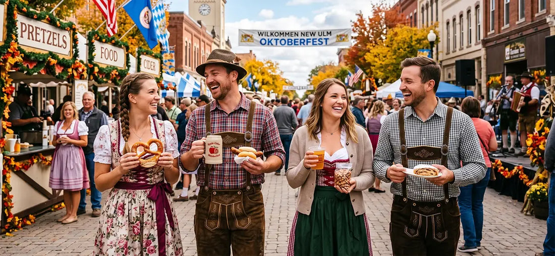 Visitors celebrating New Ulm, Minnesota Oktoberfest in traditional dirndl and lederhosen while enjoying Bavarian pretzels, German beer, and live entertainment.