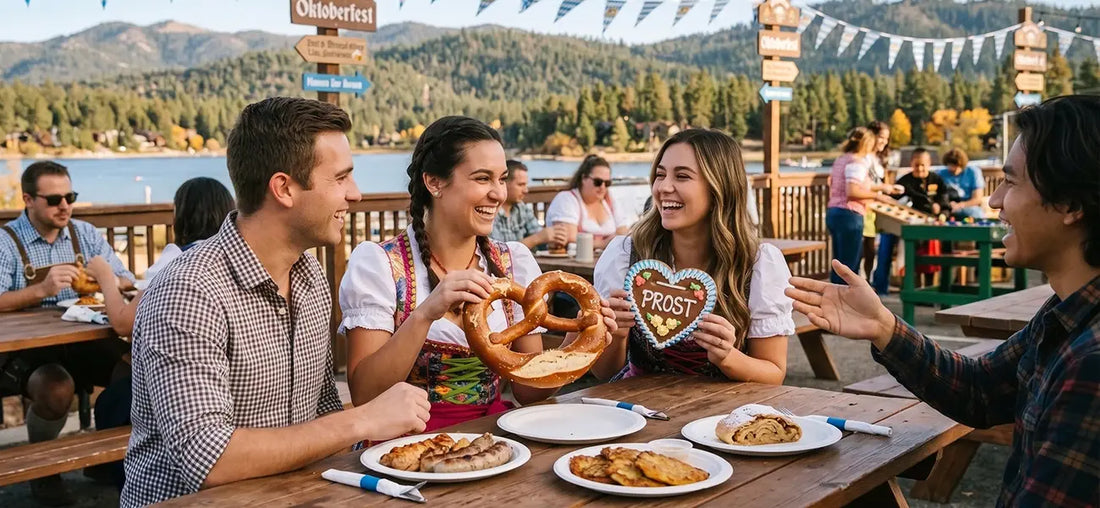 Friends enjoying Oktoberfest 2026 at Big Bear Lake, California, with Bavarian food, pretzels, and scenic mountain views.