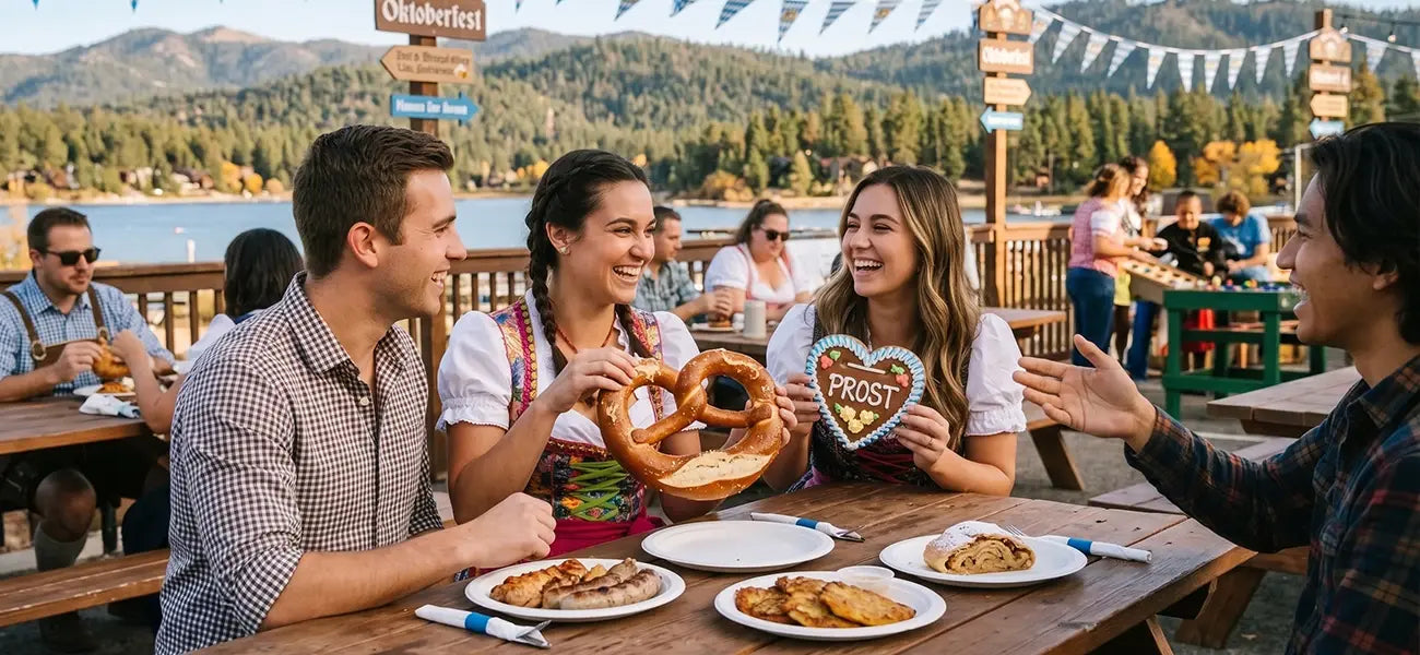 Friends enjoying Oktoberfest 2026 at Big Bear Lake, California, with Bavarian food, pretzels, and scenic mountain views.