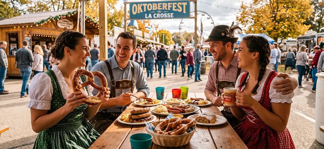 Friends in traditional dirndl and lederhosen enjoying German food at Oktoberfest 2026 La Crosse, Wisconsin festival.