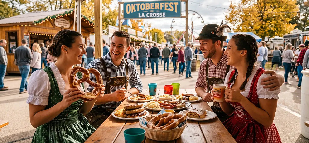 Friends in traditional dirndl and lederhosen enjoying German food at Oktoberfest 2026 La Crosse, Wisconsin festival.