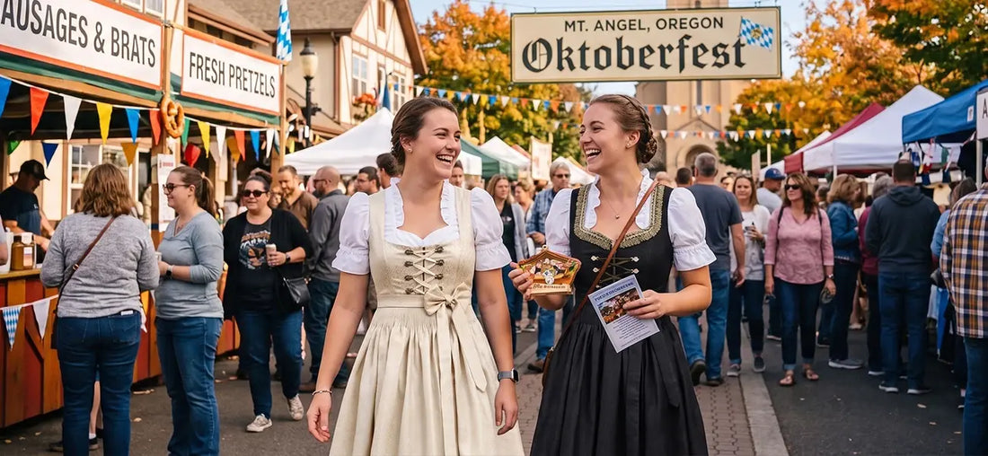 Women in traditional Bavarian attire exploring Mt. Angel Oktoberfest 2026 amid food stalls and festive crowds.