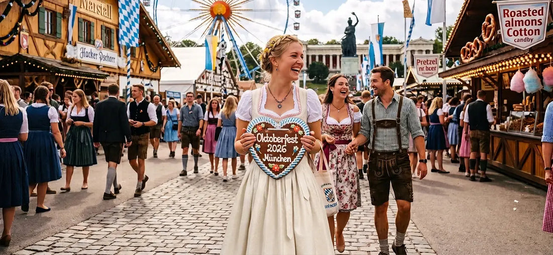 Festivalgoers enjoying Oktoberfest in Munich, Germany, with Bavarian costumes and fairground stalls.