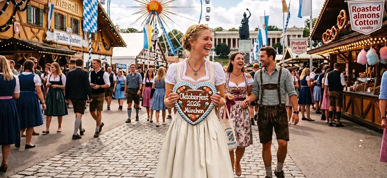 Festivalgoers enjoying Oktoberfest in Munich, Germany, with Bavarian costumes and fairground stalls.