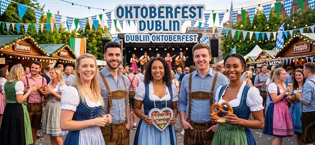 Traditional Bavarian costumes and German food at Oktoberfest Events in Dublin, Ireland, with live entertainment.
