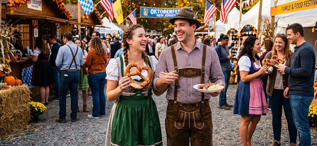 Couple enjoying Oktoberfest New Jersey Festival with Bavarian attire, giant pretzel, and traditional German cuisine.