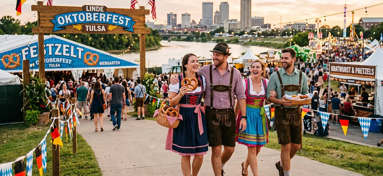 Group wearing traditional Bavarian clothing carries pretzels along the busy walkway at Oktoberfest Tulsa, Oklahoma.