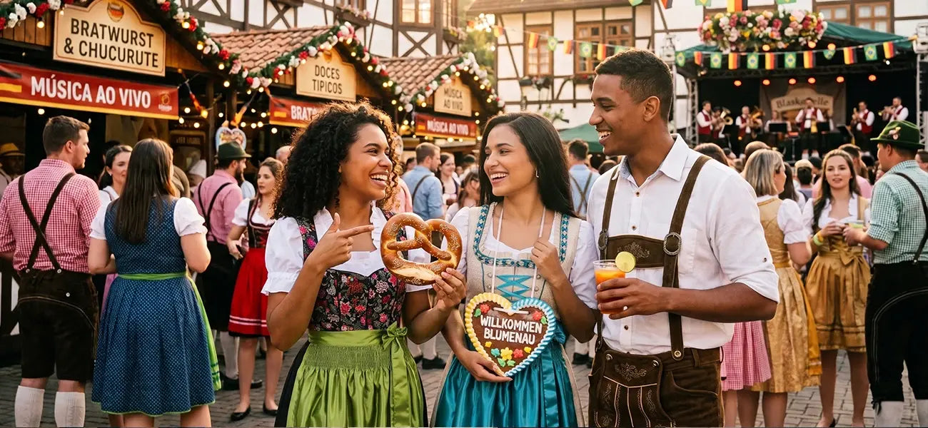 Friends exploring Oktoberfest in Blumenau with Bavarian dress, festive stalls, and cultural celebrations.