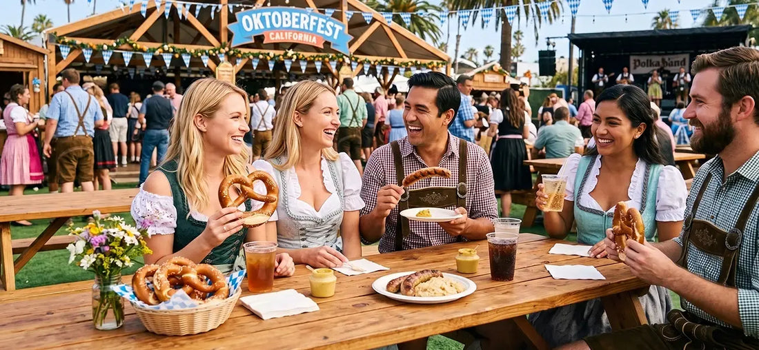 Festivalgoers dining at Oktoberfest in California with Bavarian dress, pretzels, and sausages.