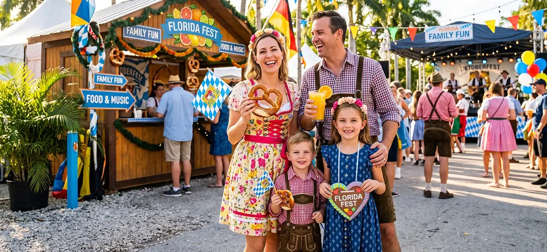 Family wearing traditional dirndl and lederhosen enjoying Oktoberfest in Florida 2026 with pretzels, beer, live music, and festive Bavarian decorations.