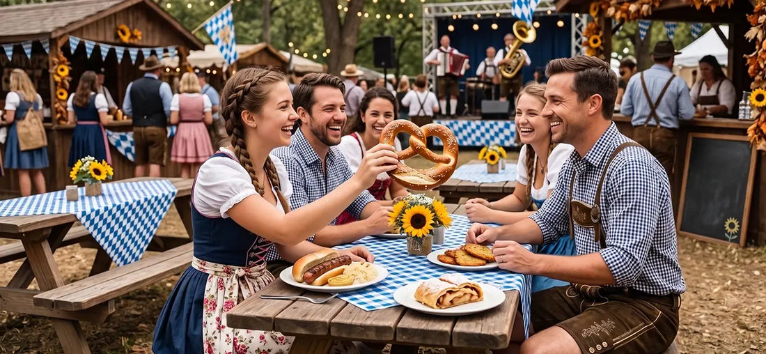 Friends enjoying Oktoberfest in Kansas with Bavarian attire, pretzels, and German cuisine.