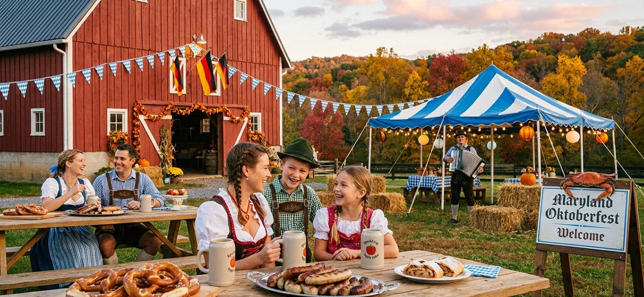 Families enjoying Maryland Oktoberfest with Bavarian food, beer steins, live music, and traditional German attire.