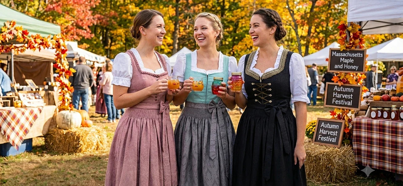 Massachusetts Oktoberfest celebration featuring traditional dirndls, autumn harvest market stalls, seasonal drinks, and festive fall decorations.