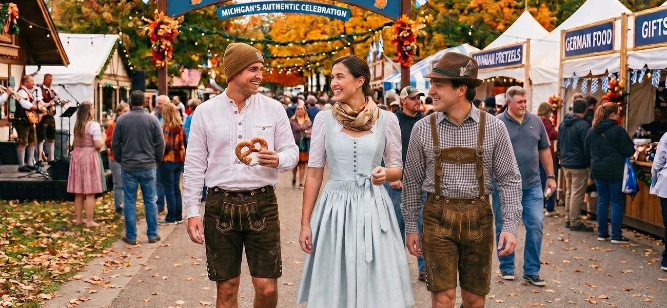 Michigan Oktoberfest featuring traditional Bavarian clothing, German food vendors, giant pretzels, live music, and festive crowds.