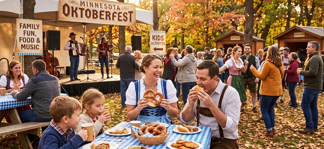 Families enjoying Oktoberfest in Minnesota with Bavarian food, live music, pretzels, and festive outdoor activities.