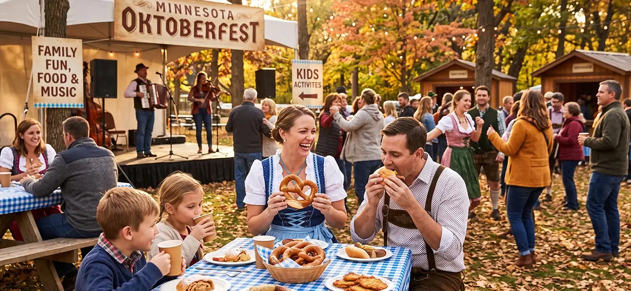 Families enjoying Oktoberfest in Minnesota with Bavarian food, live music, pretzels, and festive outdoor activities.