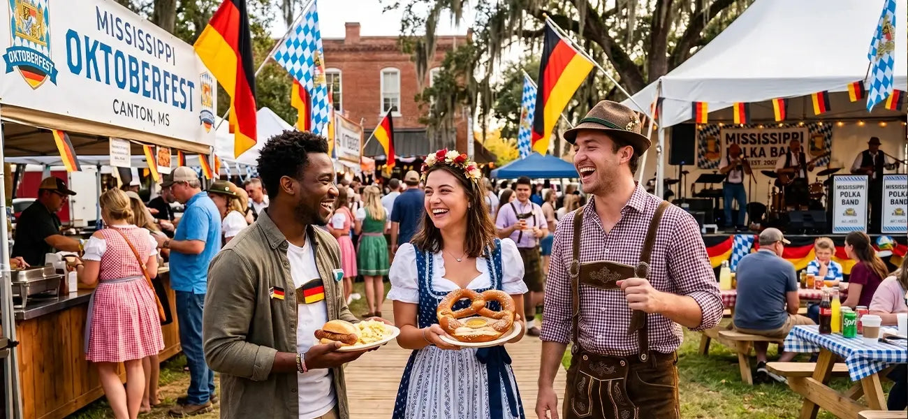 Friends enjoying Oktoberfest in Mississippi while wearing traditional lederhosen and dirndl, eating Bavarian food, and celebrating with live German music.