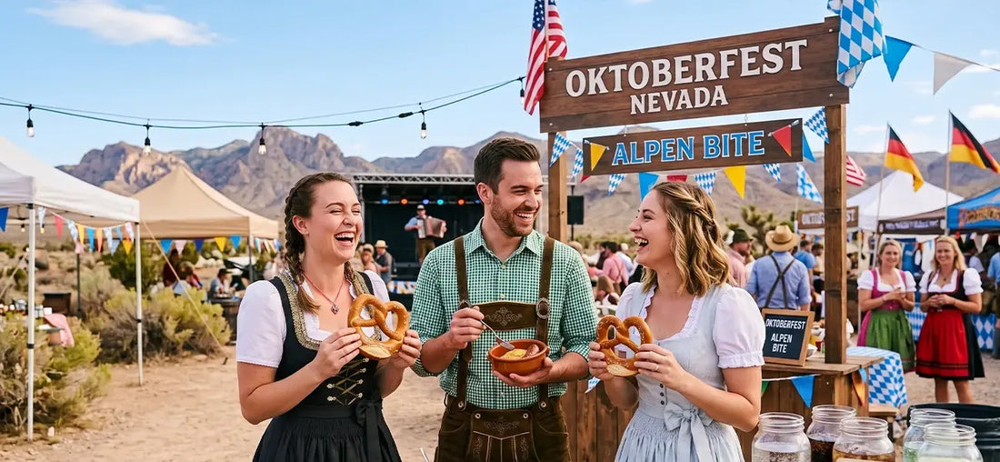 Visitors in dirndl and lederhosen enjoying pretzels at Oktoberfest in Nevada 2026 with scenic desert mountains in the background.