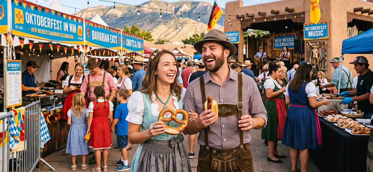 Couple enjoying Oktoberfest in New Mexico with pretzels, Bavarian food, and mountain views.