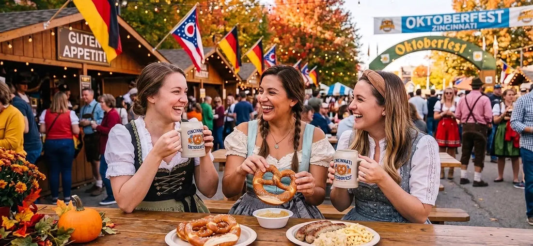 Friends enjoying Oktoberfest in Ohio with Bavarian attire, German cuisine, pretzels, and festive beer steins.
