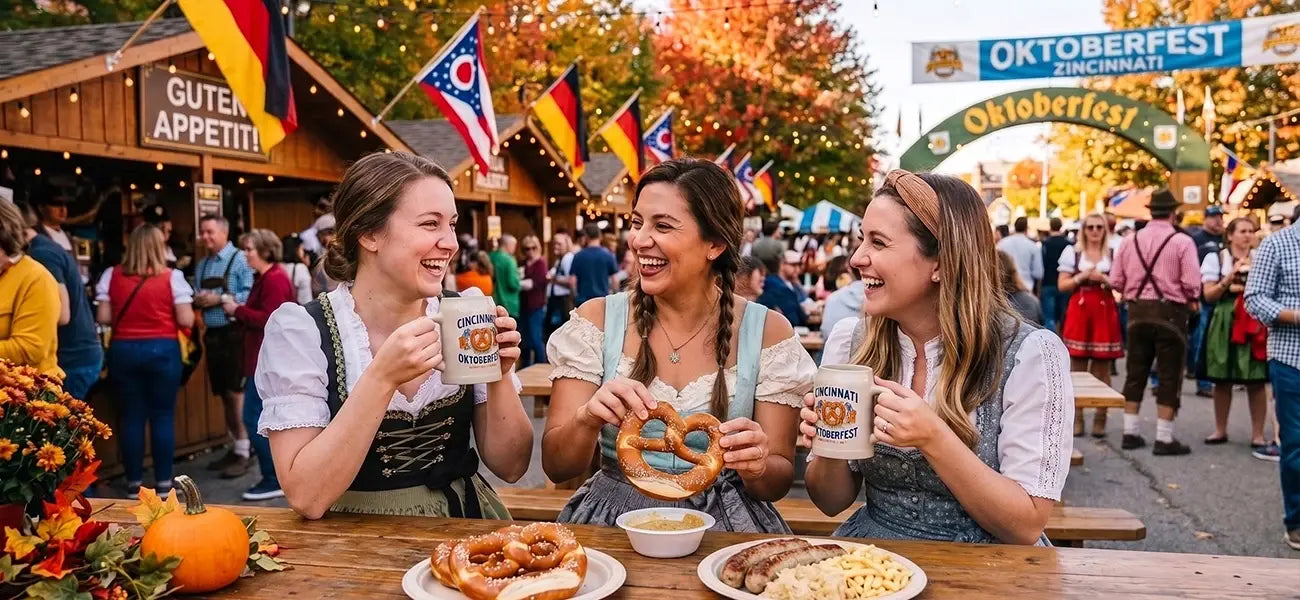 Friends enjoying Oktoberfest in Ohio with Bavarian attire, German cuisine, pretzels, and festive beer steins.