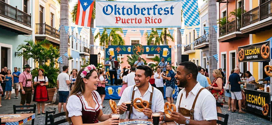 Puerto Rico Oktoberfest featuring traditional Bavarian clothing, German pretzels, local cuisine, live music, and festive crowds.