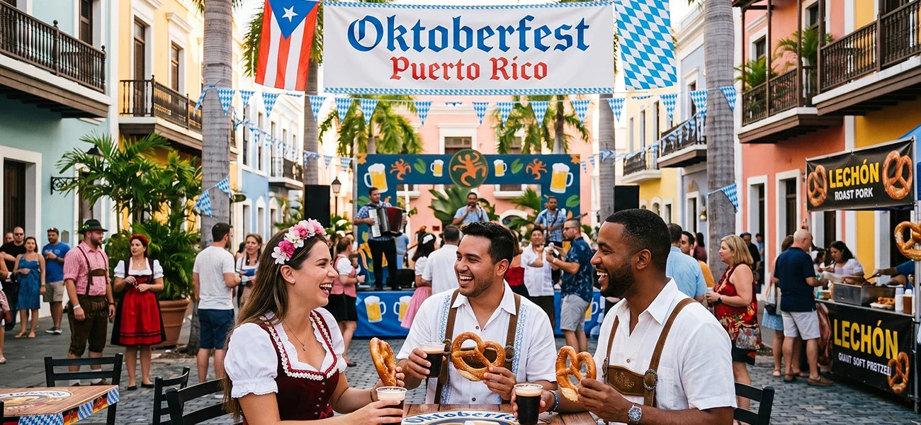 Puerto Rico Oktoberfest featuring traditional Bavarian clothing, German pretzels, local cuisine, live music, and festive crowds.