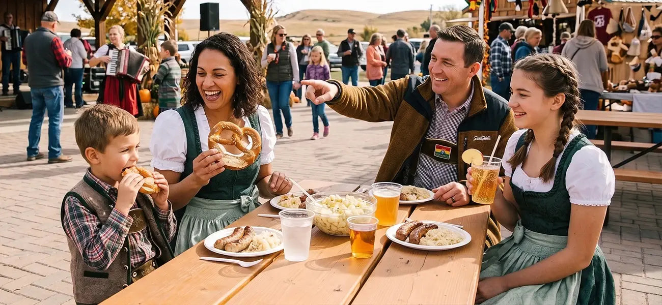 Family enjoying Oktoberfest in South Dakota with Bavarian attire, German food, pretzels, and live entertainment.