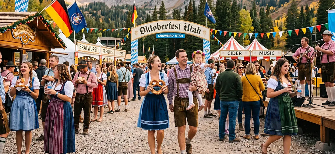 Families and visitors celebrating Oktoberfest in Utah at Snowbird with traditional dirndl and lederhosen, Bavarian food, live music, and mountain scenery.