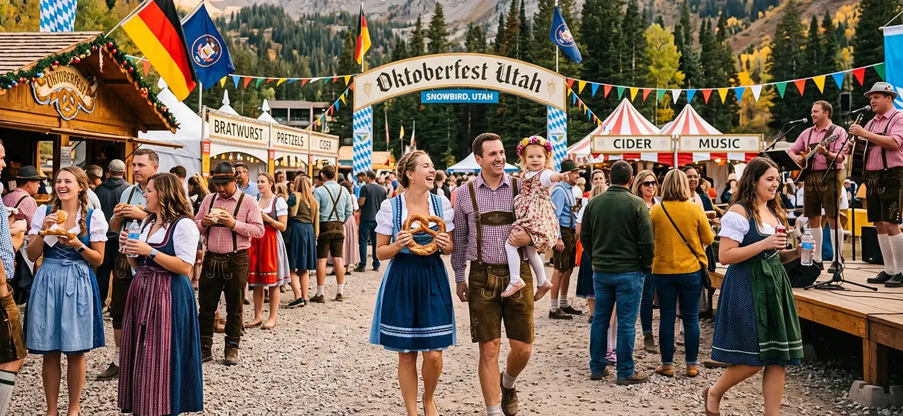 Families and visitors celebrating Oktoberfest in Utah at Snowbird with traditional dirndl and lederhosen, Bavarian food, live music, and mountain scenery.