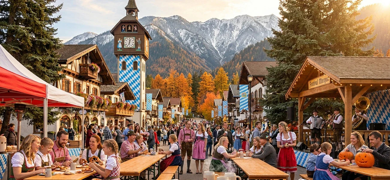 Washington Oktoberfest featuring Bavarian architecture, live music, alpine mountains, beer gardens, and festivalgoers in traditional attire.