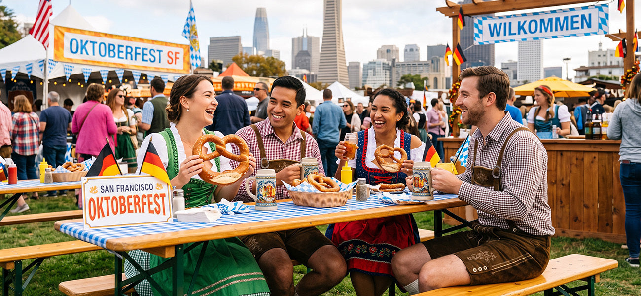 San Francisco Oktoberfest celebration featuring traditional attire, German food, and festive atmosphere.