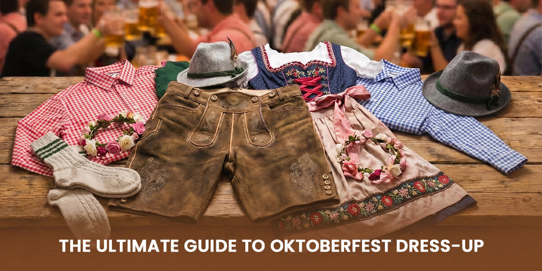 Traditional Oktoberfest outfits with lederhosen, dirndl, hats and accessories displayed for Bavarian dress-up guide