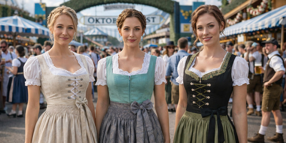 Three women in stylish dirndl dresses at Oktoberfest, showcasing modern colors, lace details, and traditional festival fashion