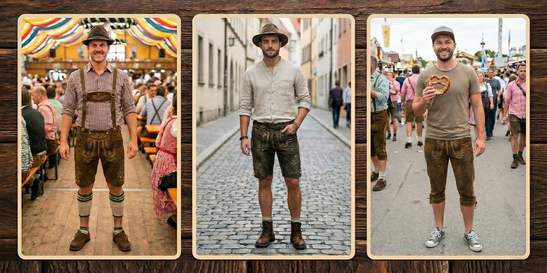 Three men showcasing stylish lederhosen outfits at Oktoberfest—traditional, casual, and modern festival looks with hats and pretzel